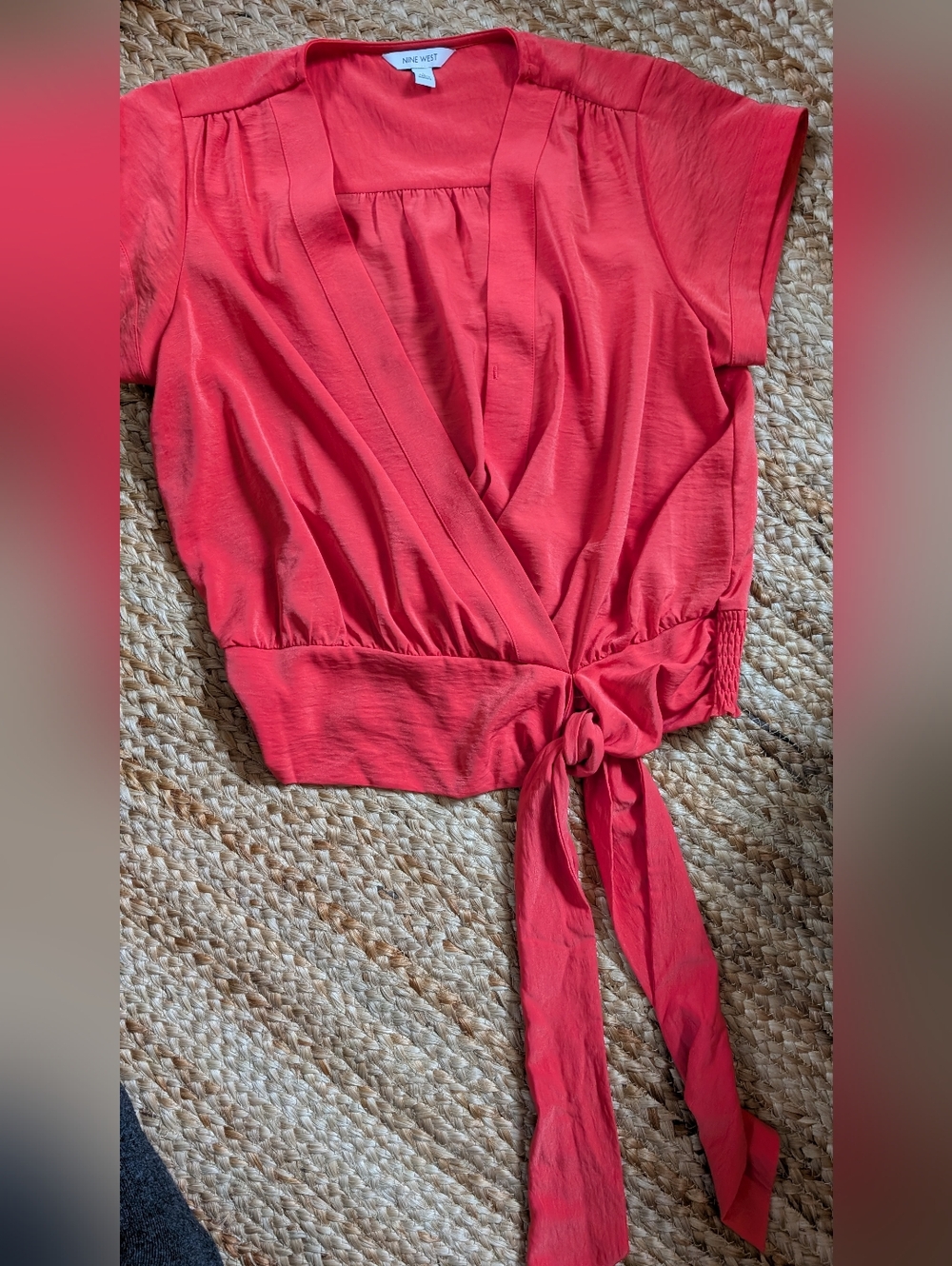 Nine West Coral-Red Wrap Tie Blouse